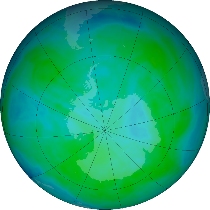 Antarctic ozone map for 31 December 2015